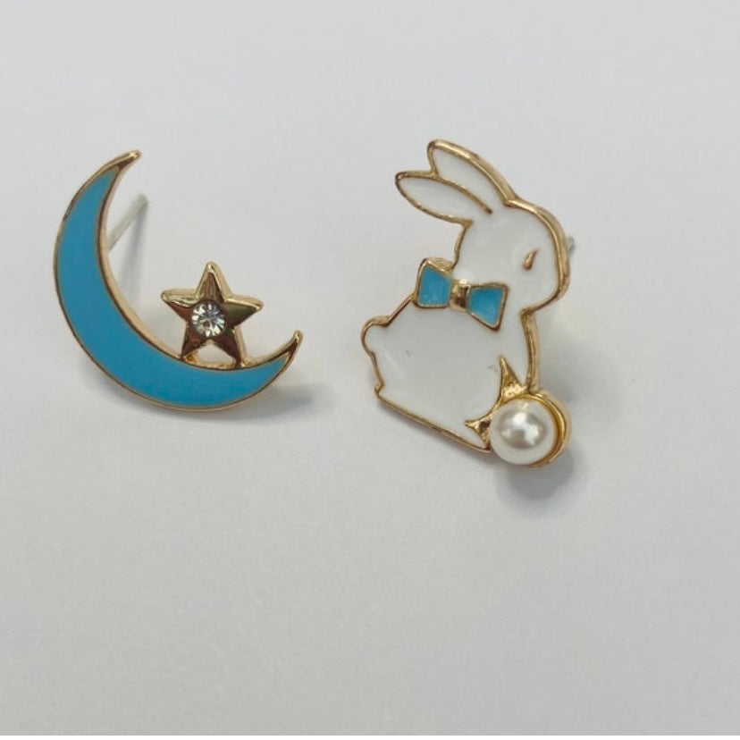 kawaii  blue moon star anime bunny stud earrings korean japanese style