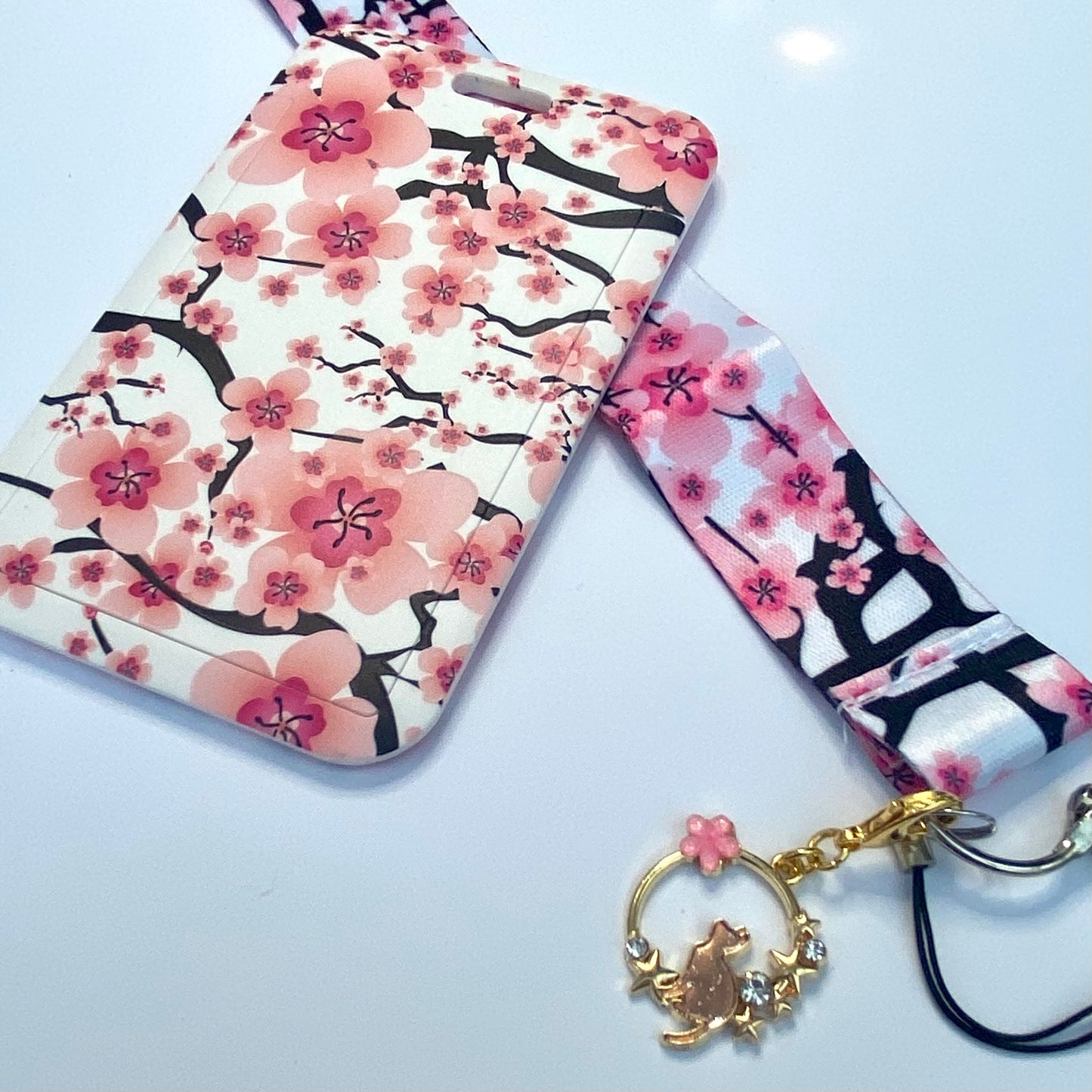 Kawaii ID badge holder with matching lanyard, travel pass holder bank credit card carry cover,  sakura cherry blossom keyring