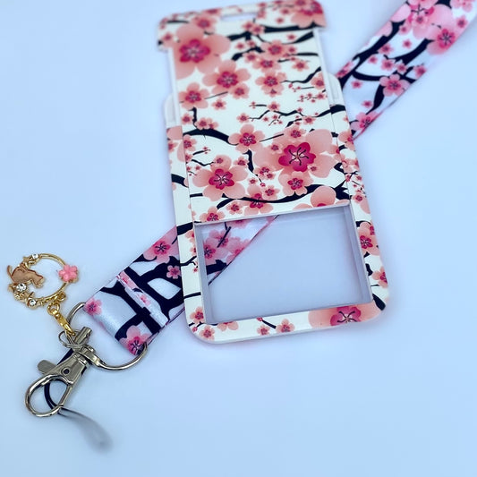 Kawaii ID badge holder with matching lanyard, travel pass holder bank credit card carry cover,  sakura cherry blossom keyring