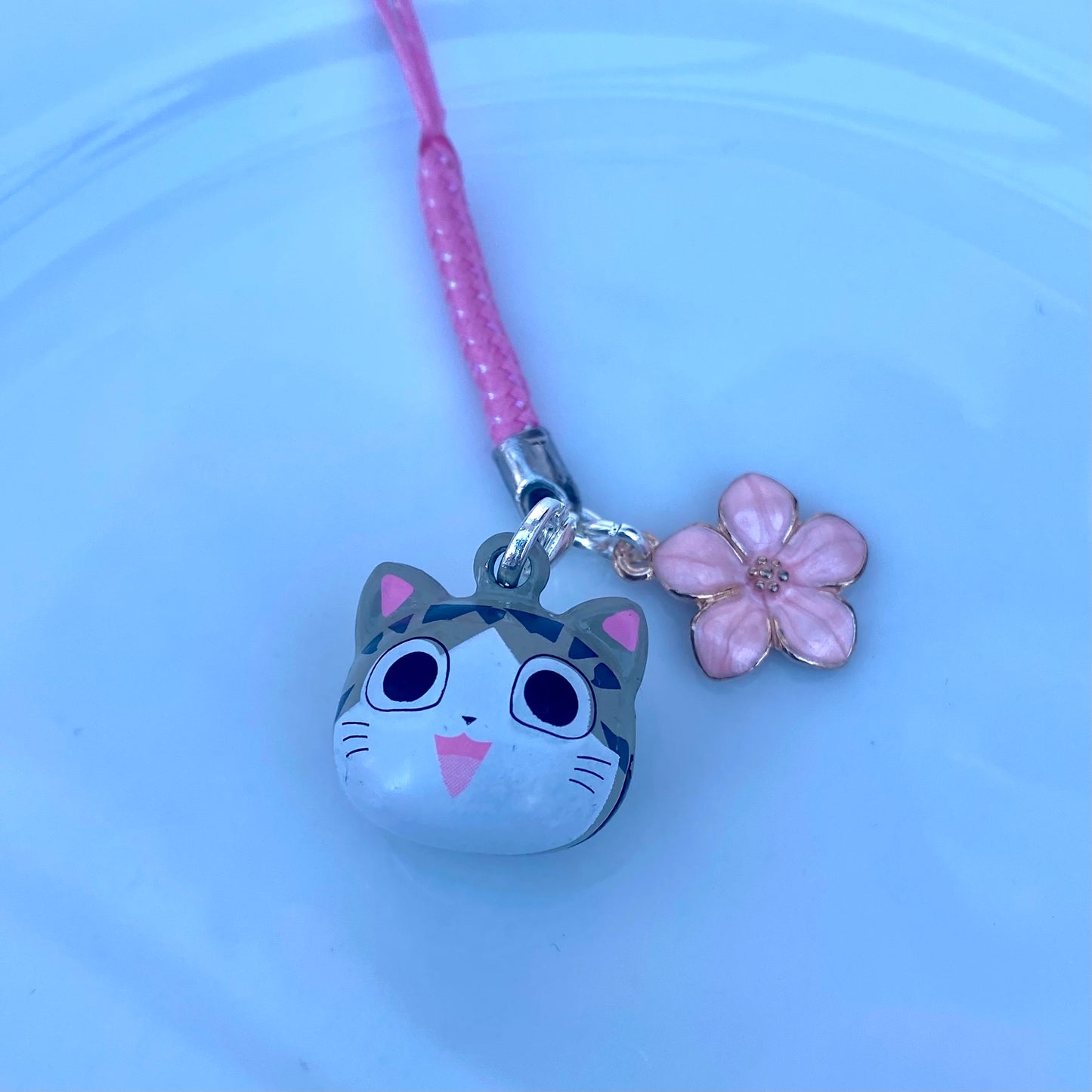 Anime cat bell Phone charm ear bud rope tie with sakura flower