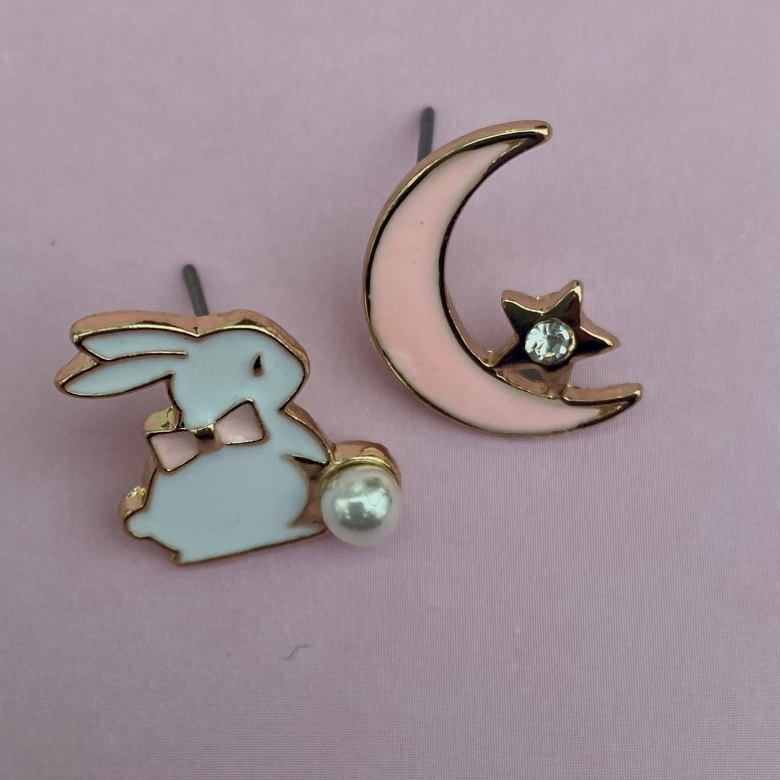 kawaii pink moon star anime bunny enamel stud earrings korean japanese style