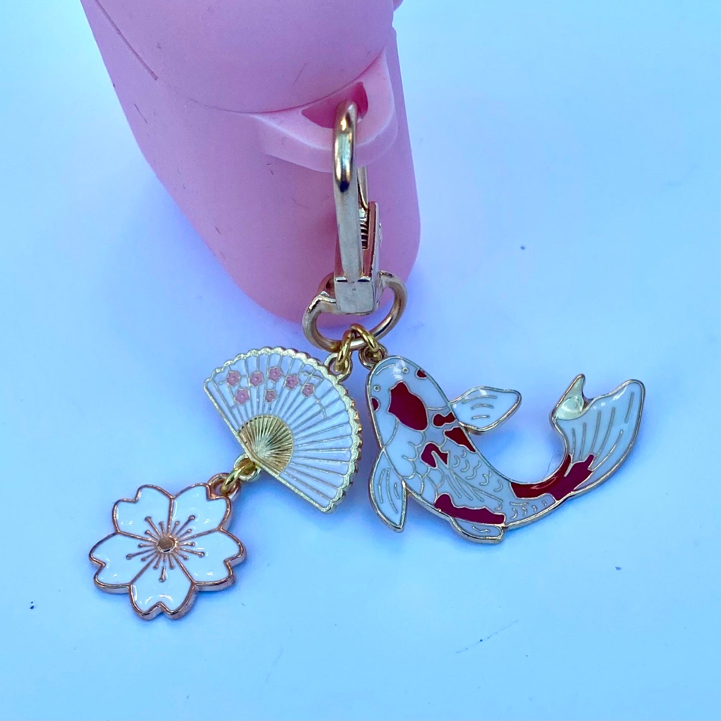 Keyring phone charm pod case clip Japanese style with koi fish fan sakura