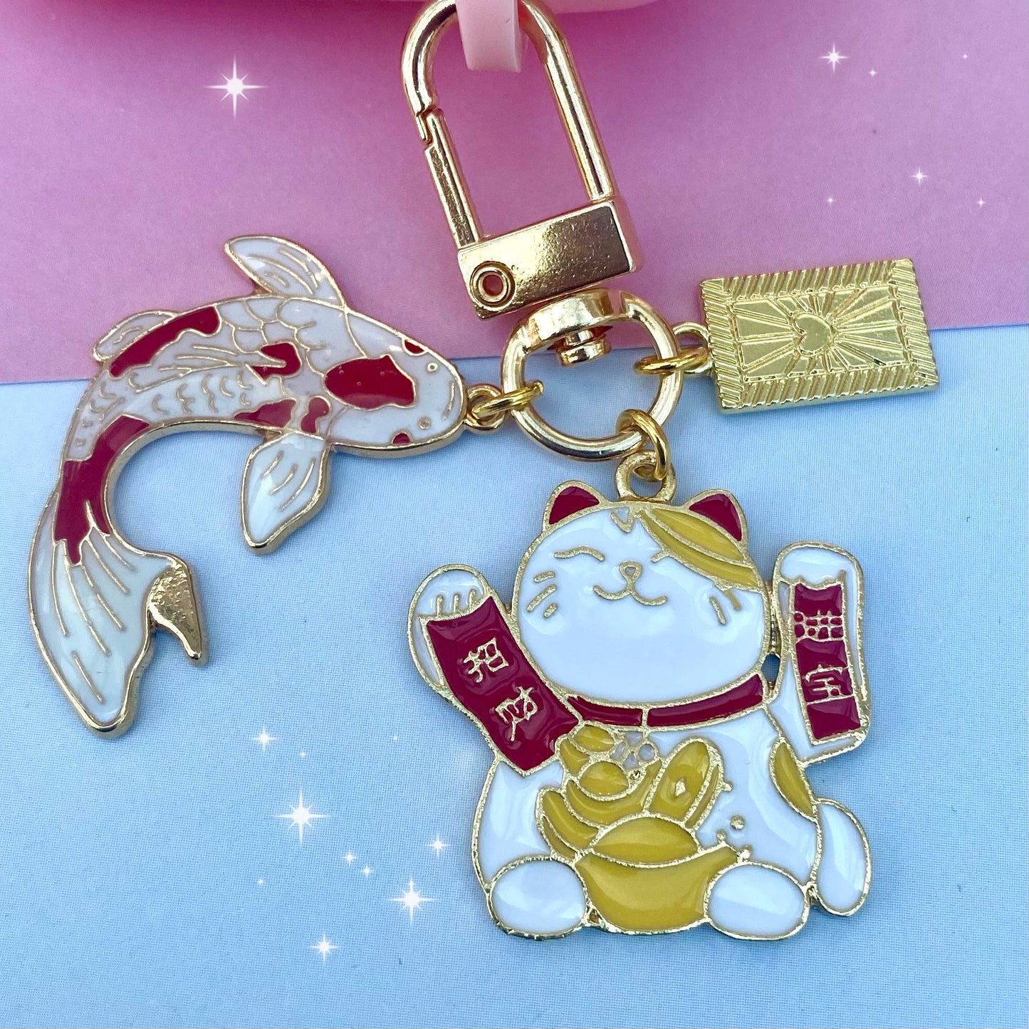 Lucky cat maneki neko koi fish keyring keychain phone case charm travel safety anime waving lunar money