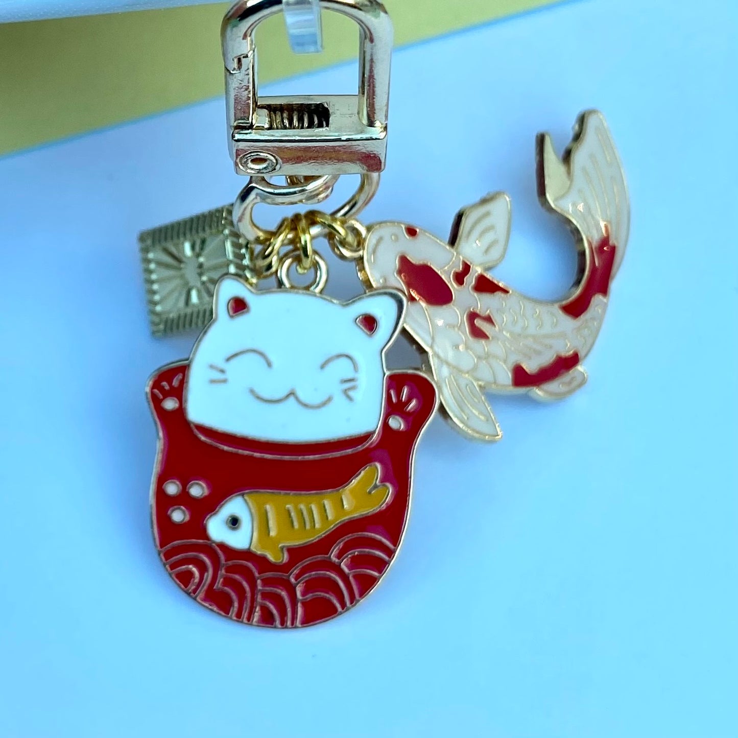 Lucky cat maneki neko koi fish keyring keychain Japanese phone charm travel safety anime chinese waving cat