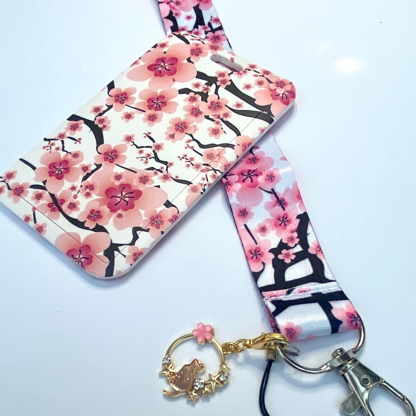 Kawaii ID badge holder with matching lanyard, travel pass holder bank credit card carry cover,  sakura cherry blossom keyring