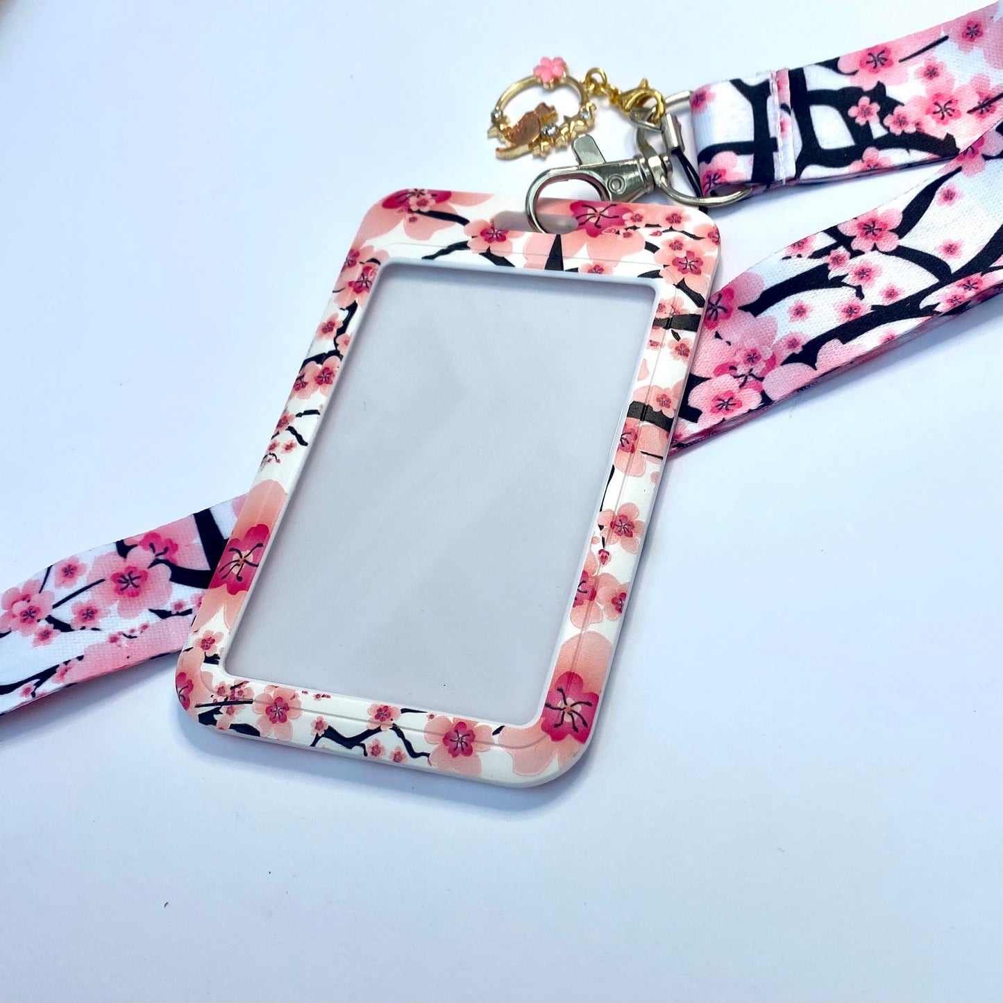 Kawaii ID badge holder with matching lanyard, travel pass holder bank credit card carry cover,  sakura cherry blossom keyring