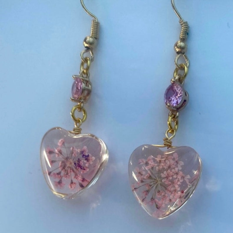 Pink resin heart earrings Sakura earrings dried flower cherry blossom earrings