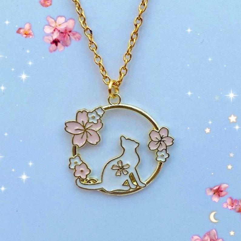 Kawaii moon cat sakura anime necklace gold chain cat lovers Japanese gift