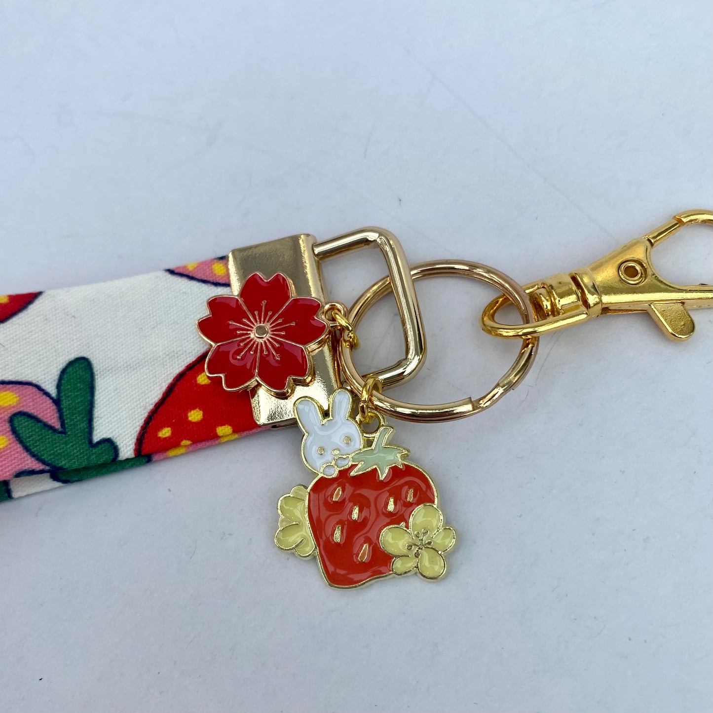 Japanese Strawberry bunny keychain short wrist strap keyfob  lanyard