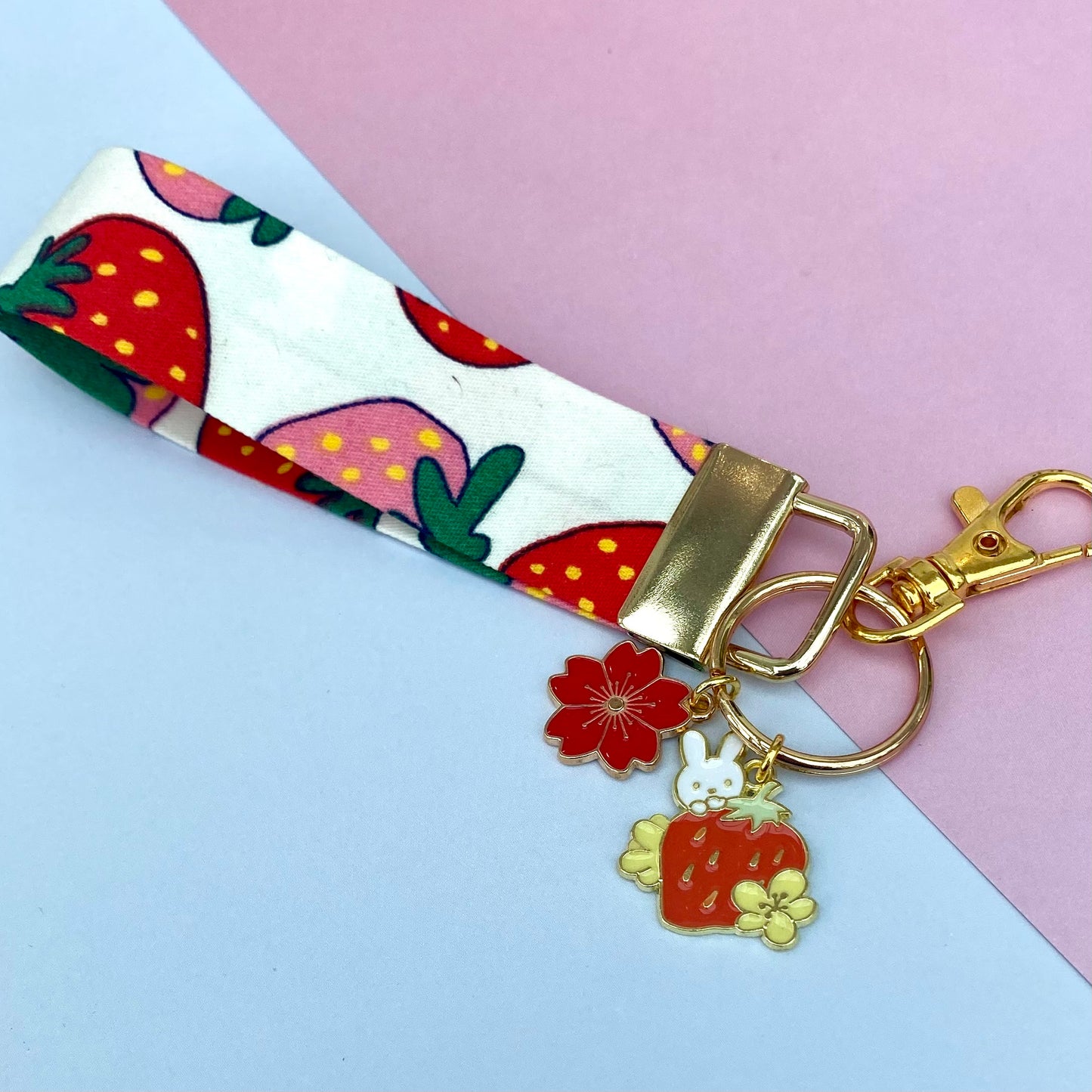 Japanese Strawberry bunny keychain short wrist strap keyfob  lanyard